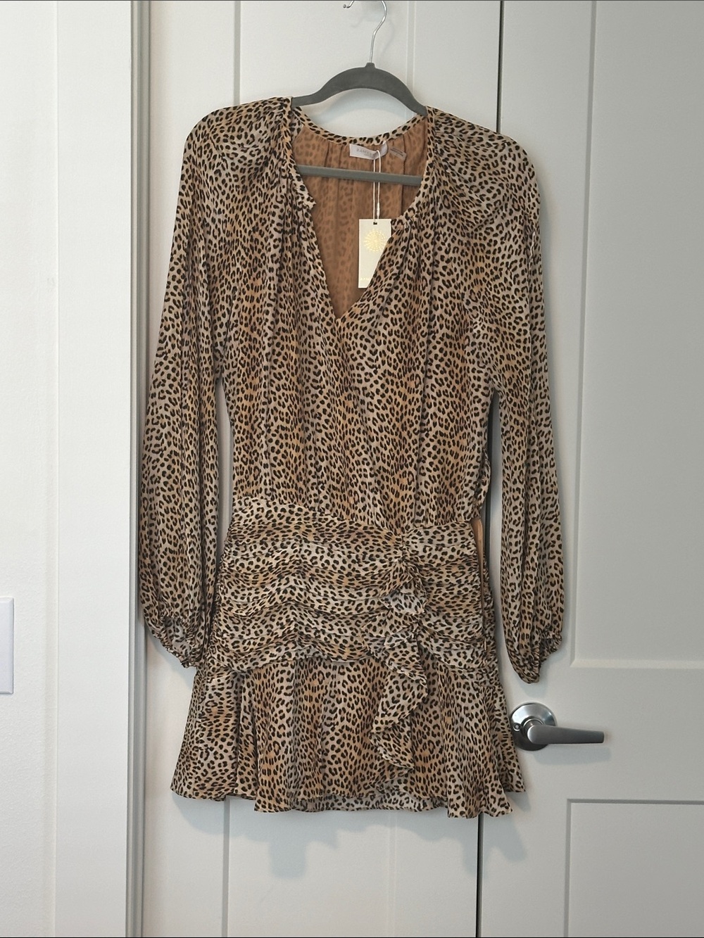 Ramy Brook Leopard Print V-Neck Long Sleeve Mini Dress w ruched waist. NWT